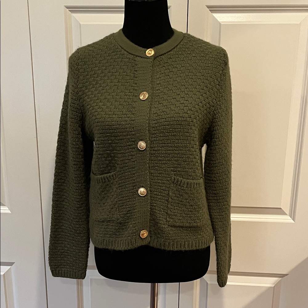 Mango Olive Green Knit Cardigan Sweater with Gold Buttons